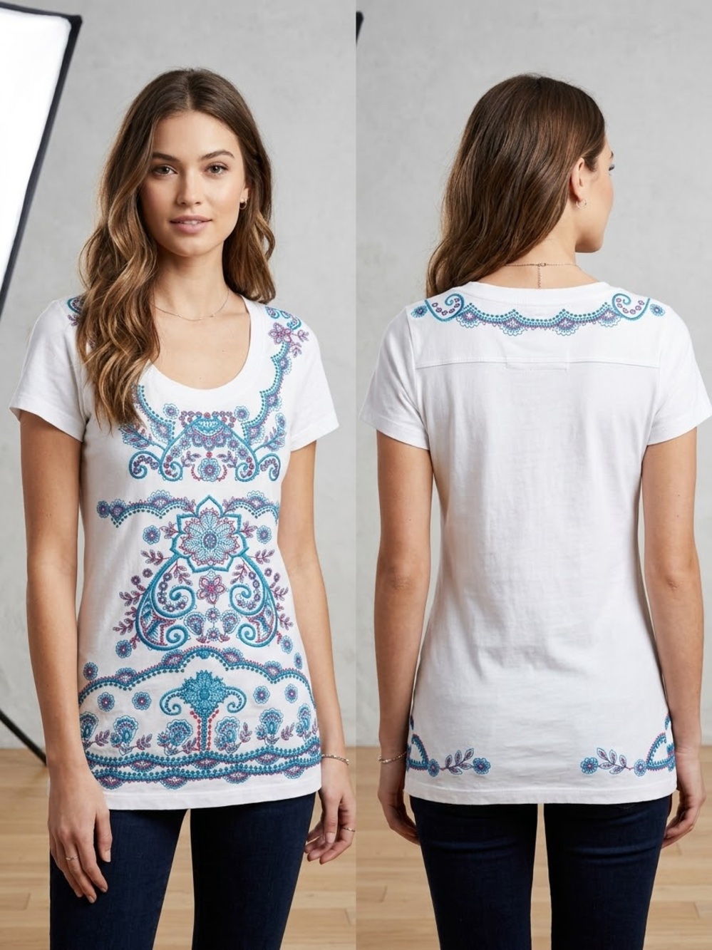 Johnny Was JW White Floral Paisley Boho Embroidered Scoop Neck Tee T-Shirt M